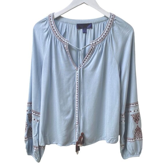 Blue Rain Boho Top XS Light Blue Embroidered Long Sleeve Blouse Rayon - Picture 1 of 9